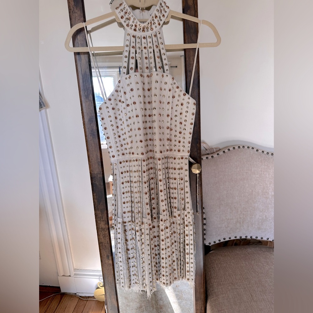 Alice + Olivia white leather and lace studded dress